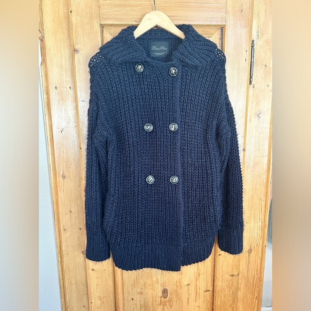 Cozy Navy Double-Breasted Chunky Knit Cardigan by Zara Sz Med Eclectic Grandpa